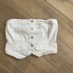 Love Tree Denim Corset Top Women L White Button Front Smock Back Strapless Vest‎
